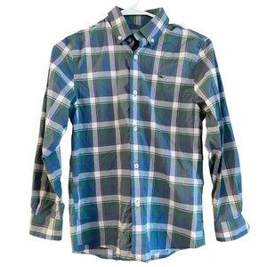 Vineyard Vines Blue Green Plaid Nylon Long Sleeve Button Down Whale Shirt Boys S